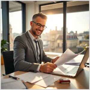 Profesional con gafas y traje revisando papeles junto a un portátil en oficina con vistas, relacionado con Trámites para alquilar apartamentos turísticos en la provincia de Sevilla
