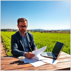 Profesional revisando documentos sobre Trámites para alquilar fincas agrícolas en la provincia de Madrid junto a un portátil en una parcela