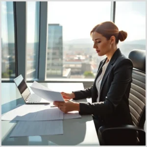 Mujer profesional revisando documentos y portátil relacionados con Trámites para alquilar locales comerciales en la provincia de Bizkaia.