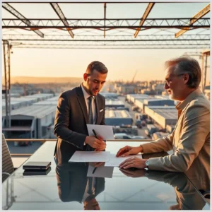 Dos empresarios revisando y firmando documentos frente a un polígono industrial, Trámites para alquilar naves industriales en la provincia de Sevilla