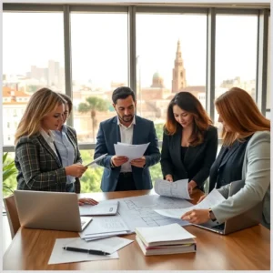 Equipo de asesores revisando documentos y planos para Trámites para comprar casa en la provincia de Sevilla.