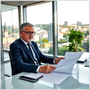 Asesor en oficina revisando documentos sobre Trámites para vender piso en la provincia de Bizkaia.